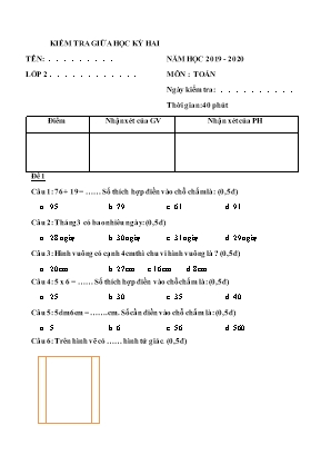 Đề kiểm tra giữa học kỳ 2 môn Toán Lớp 2 - Năm học 2019-2020